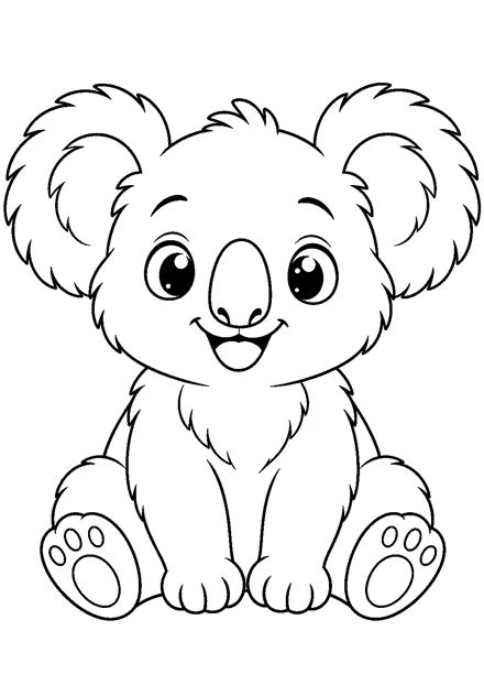 Koala als einzelnes Tier zum Ausmalen, einfach und groß dargestellt, mit schwarzen Konturen auf weißem Hintergrund.