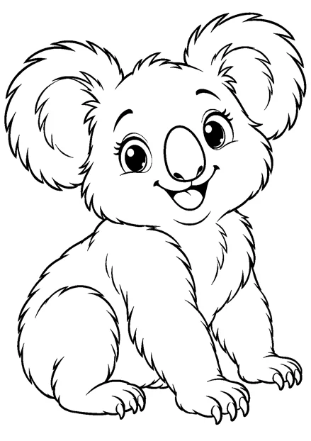 Koala als einzelnes Tier zum Ausmalen, in verspielter Pose, mit schwarzen Konturen auf weißem Hintergrund.