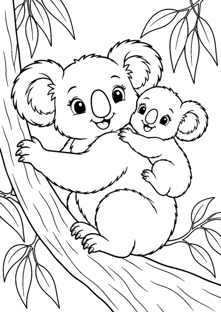 Koala mit Jungtier als freundliches Schwarz-Weiß-Ausmalbild mit klaren Konturen und weißem Hintergrund.