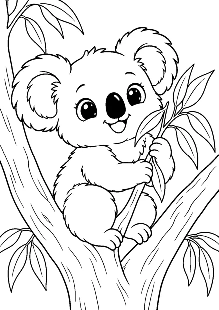 Koala im Eukalyptusbaum als freundliches Schwarz-Weiß-Ausmalbild mit klaren Konturen und weißem Hintergrund.