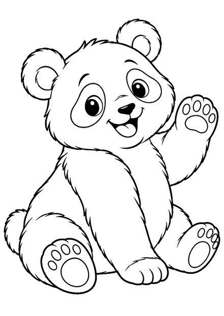 Panda als einzelnes Tier zum Ausmalen, in verspielter Pose, mit schwarzen Konturen auf weißem Hintergrund.
