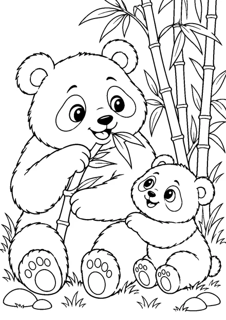 Pandafamilie im Bambus als freundliches Schwarz-Weiß-Ausmalbild mit klaren Konturen und weißem Hintergrund.