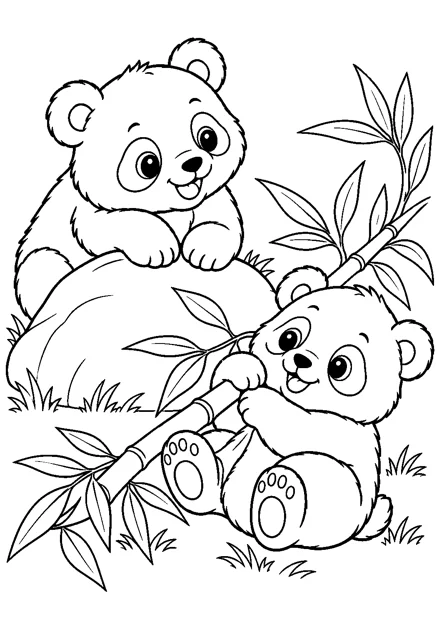 Pandajunge beim Spielen als freundliches Schwarz-Weiß-Ausmalbild mit klaren Konturen und weißem Hintergrund.