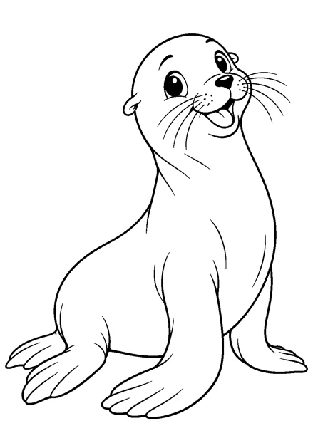 Seelöwe als einzelnes Tier zum Ausmalen, in verspielter Pose, mit schwarzen Konturen auf weißem Hintergrund.