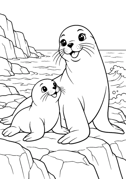 Seelöwe mit Jungtier als freundliches Schwarz-Weiß-Ausmalbild mit klaren Konturen und weißem Hintergrund.