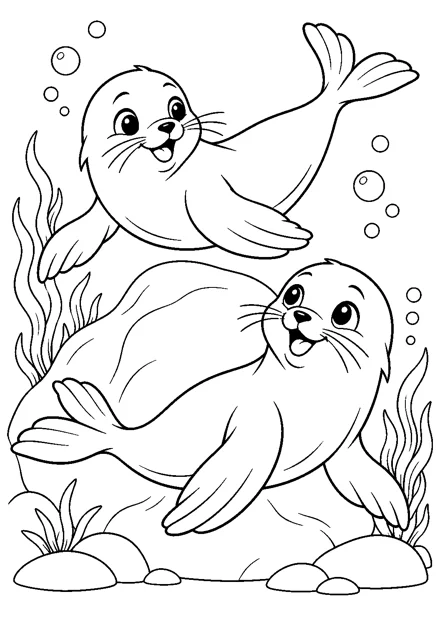 Schwimmende Seelöwen als freundliches Schwarz-Weiß-Ausmalbild mit klaren Konturen und weißem Hintergrund.
