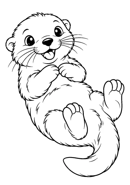 Seeotter als einzelnes Tier zum Ausmalen, in verspielter Pose, mit schwarzen Konturen auf weißem Hintergrund.