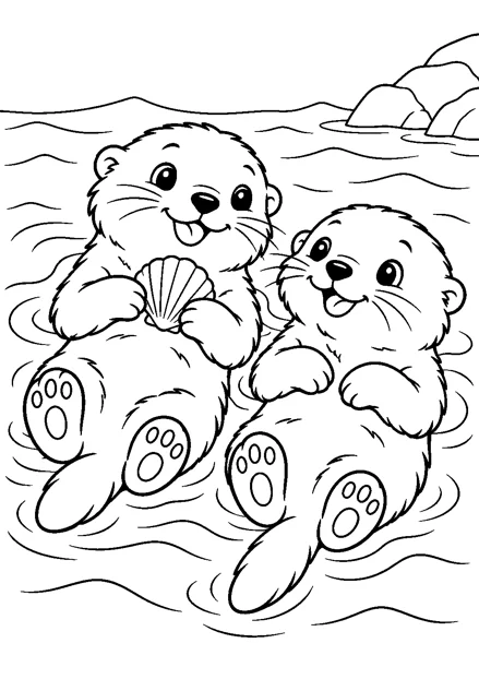 Seeotter zwischen Wellen als freundliches Schwarz-Weiß-Ausmalbild mit klaren Konturen und weißem Hintergrund.