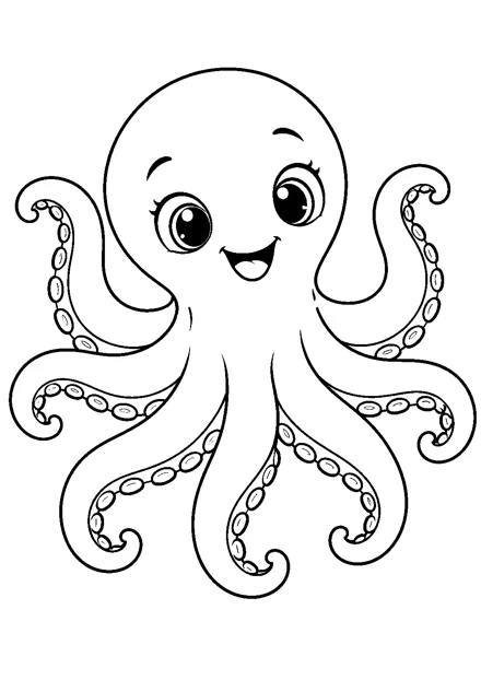 Oktopus als einzelnes Tier zum Ausmalen, einfach und groß dargestellt, mit schwarzen Konturen auf weißem Hintergrund.