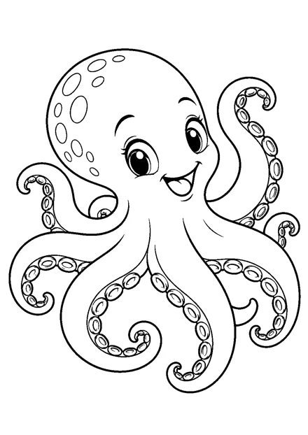 Oktopus als einzelnes Tier zum Ausmalen, in verspielter Pose, mit schwarzen Konturen auf weißem Hintergrund.