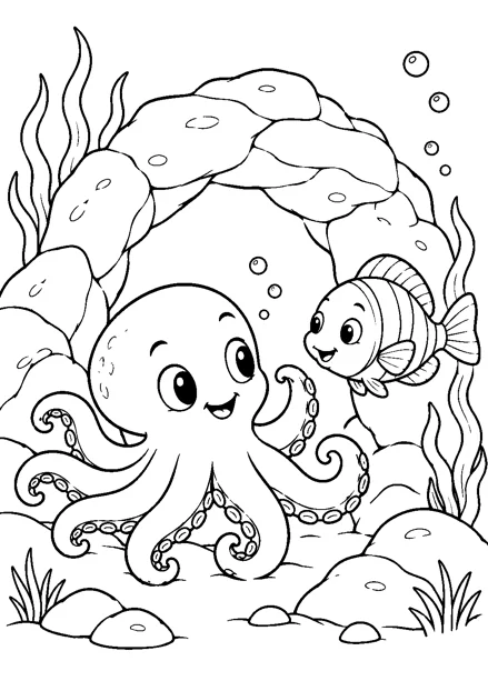 Oktopus am Felsbogen als freundliches Schwarz-Weiß-Ausmalbild mit klaren Konturen und weißem Hintergrund.