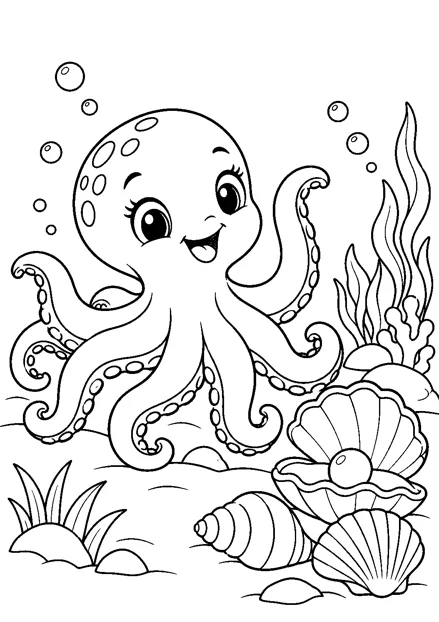 Oktopus im Muschelgarten als freundliches Schwarz-Weiß-Ausmalbild mit klaren Konturen und weißem Hintergrund.