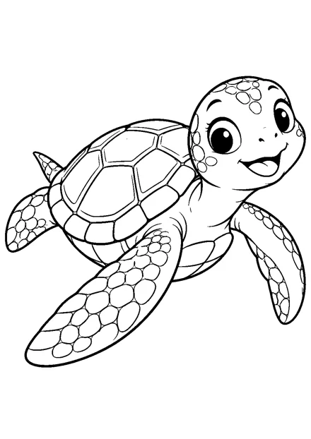 Meeresschildkröte als einzelnes Tier zum Ausmalen, in verspielter Pose, mit schwarzen Konturen auf weißem Hintergrund.