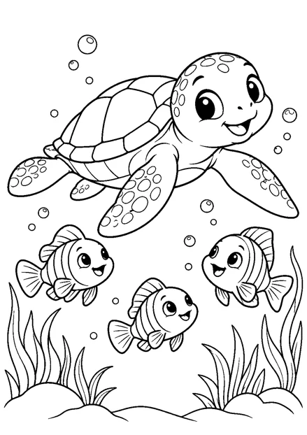 Meeresschildkröte und Fische als freundliches Schwarz-Weiß-Ausmalbild mit klaren Konturen und weißem Hintergrund.
