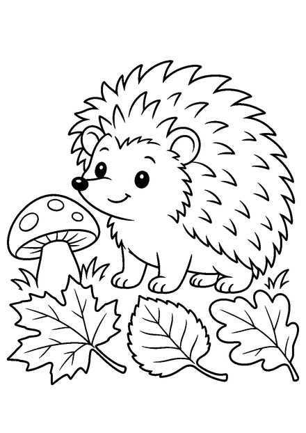 Igel im Herbst als Ausmalbild mit schwarzen Konturen, großen weißen Flächen und reinweißem Hintergrund.