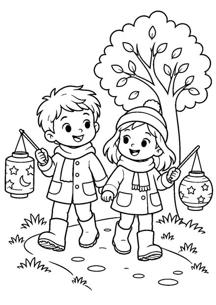 Kinder beim Laternenumzug als Ausmalbild mit schwarzen Konturen, großen weißen Flächen und reinweißem Hintergrund.