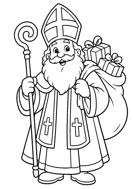 Nikolaus mit Geschenkesack als Ausmalbild mit schwarzen Konturen, großen weißen Flächen und reinweißem Hintergrund.