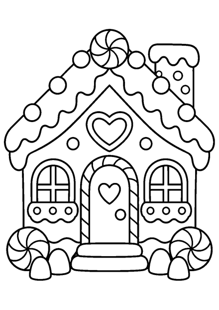 Lebkuchenhaus als Ausmalbild mit schwarzen Konturen, großen weißen Flächen und reinweißem Hintergrund.
