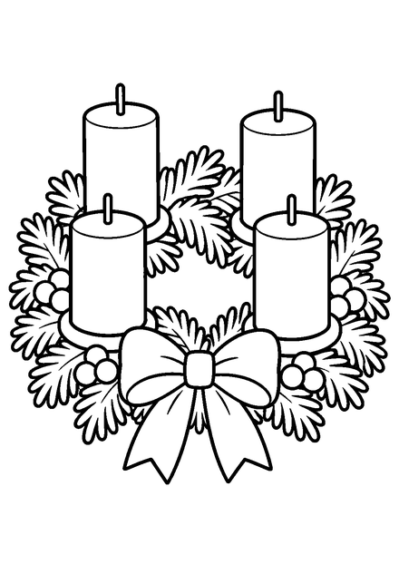 Adventskranz mit vier Kerzen als Ausmalbild mit schwarzen Konturen, großen weißen Flächen und reinweißem Hintergrund.