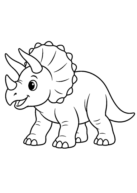 Triceratops – einfach als Ausmalbild mit schwarzen Konturen, großen weißen Flächen und reinweißem Hintergrund.