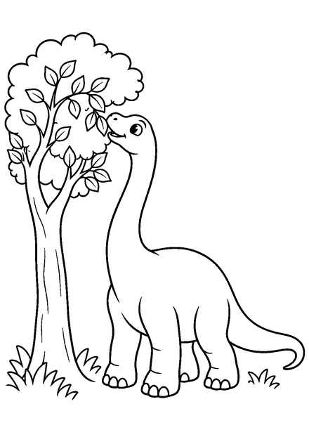 Langhals am Baum als Ausmalbild mit schwarzen Konturen, großen weißen Flächen und reinweißem Hintergrund.