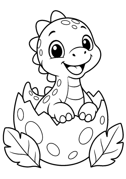 Dino-Baby im Ei als Ausmalbild mit schwarzen Konturen, großen weißen Flächen und reinweißem Hintergrund.