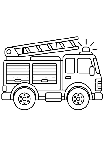 Feuerwehrauto mit Leiter als Ausmalbild mit schwarzen Konturen, großen weißen Flächen und reinweißem Hintergrund.