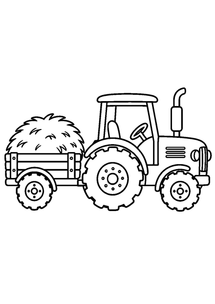 Traktor mit Anhänger als Ausmalbild mit schwarzen Konturen, großen weißen Flächen und reinweißem Hintergrund.