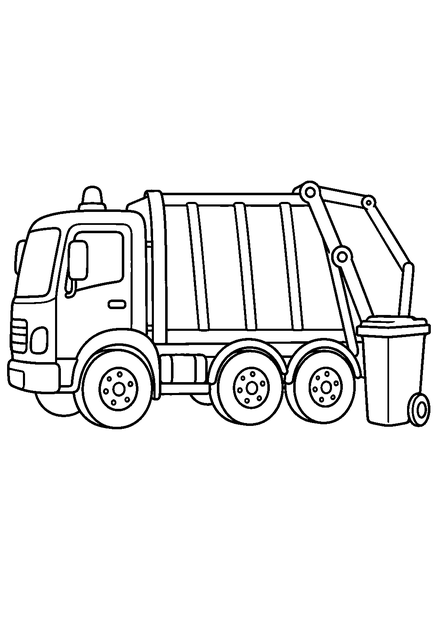 Müllwagen – einfach als Ausmalbild mit schwarzen Konturen, großen weißen Flächen und reinweißem Hintergrund.