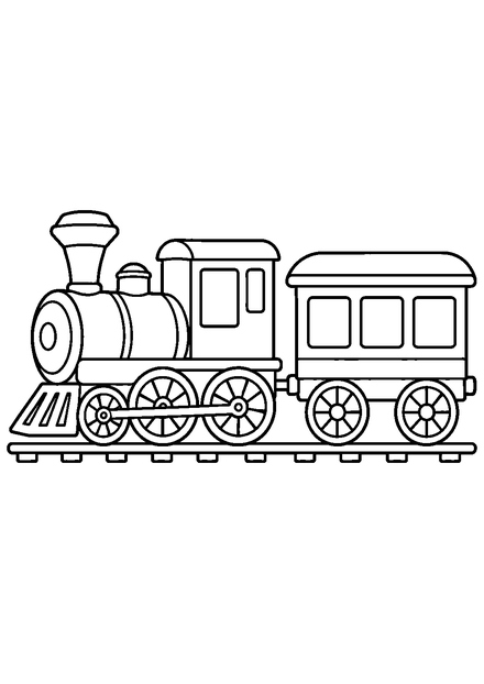 Zug mit Waggon als Ausmalbild mit schwarzen Konturen, großen weißen Flächen und reinweißem Hintergrund.