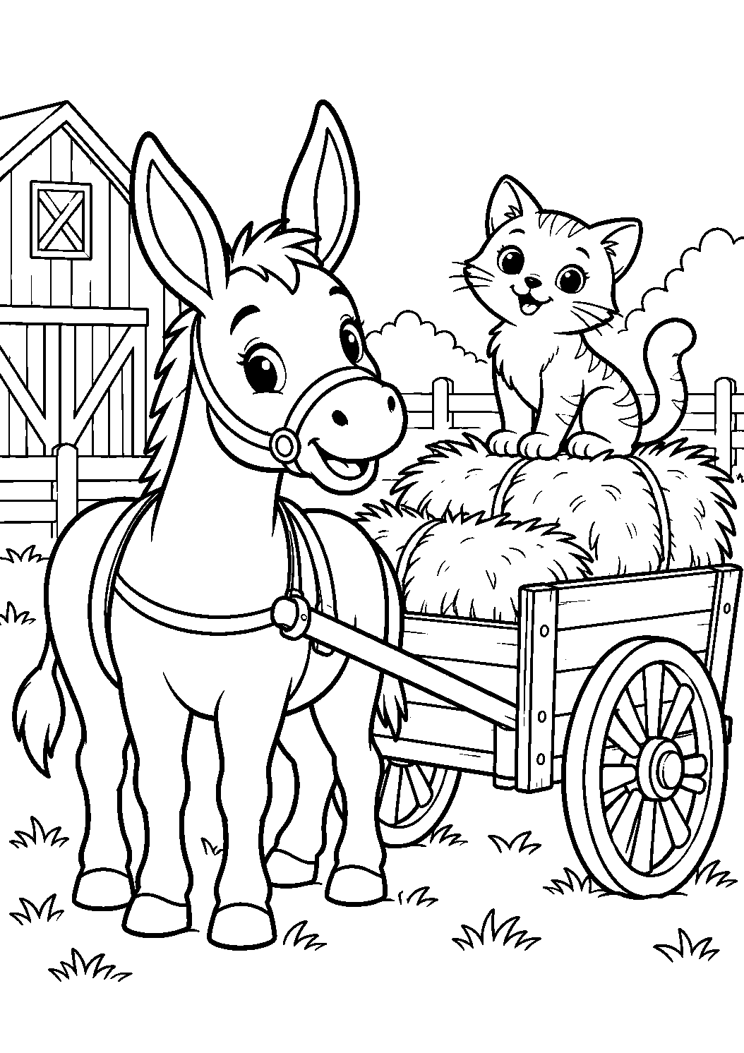 Esel am Heuwagen als freundliches Schwarz-Weiß-Ausmalbild mit klaren Konturen und weißem Hintergrund.