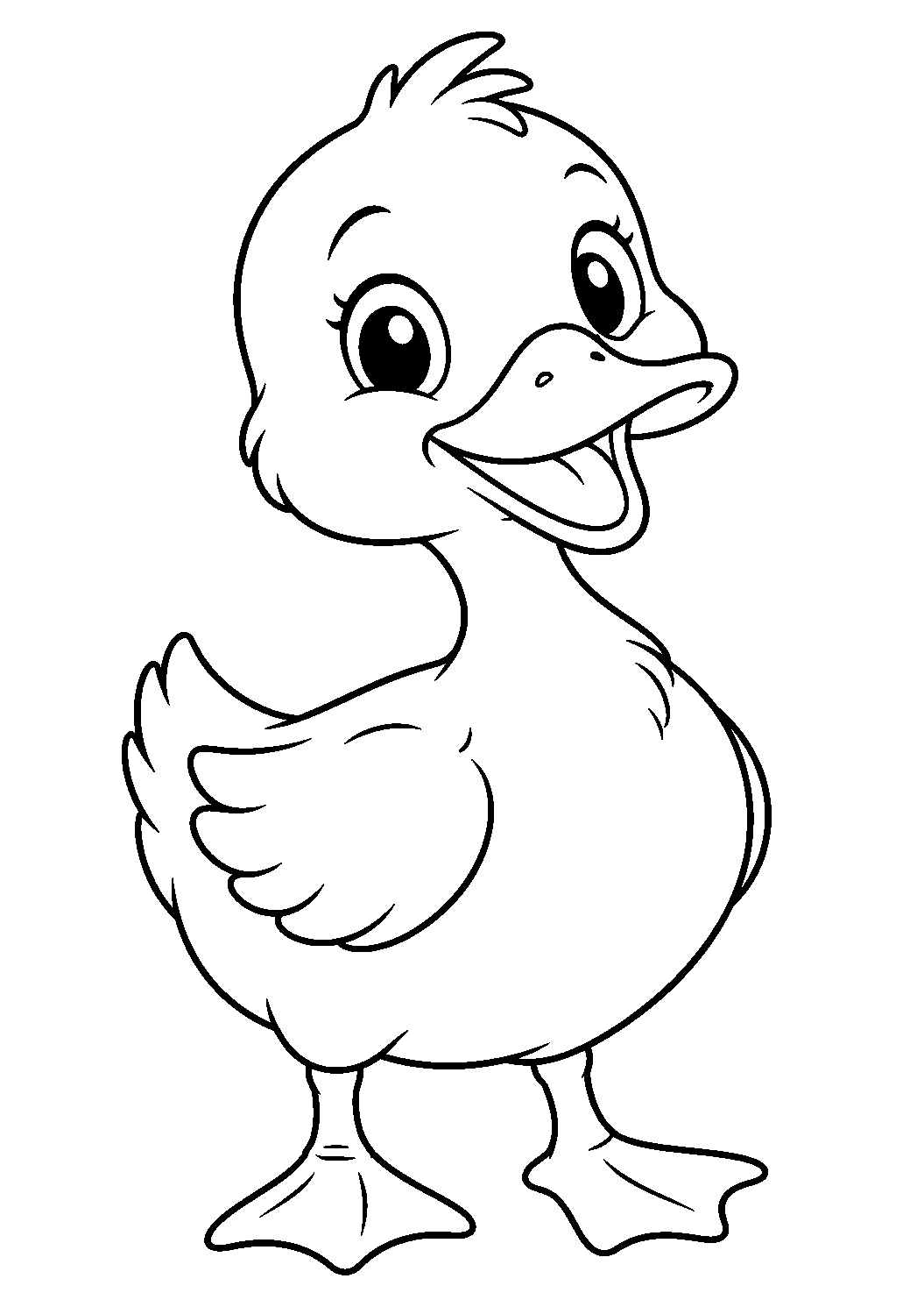 Ente als einzelnes Tier zum Ausmalen, einfach und groß dargestellt, mit schwarzen Konturen auf weißem Hintergrund.