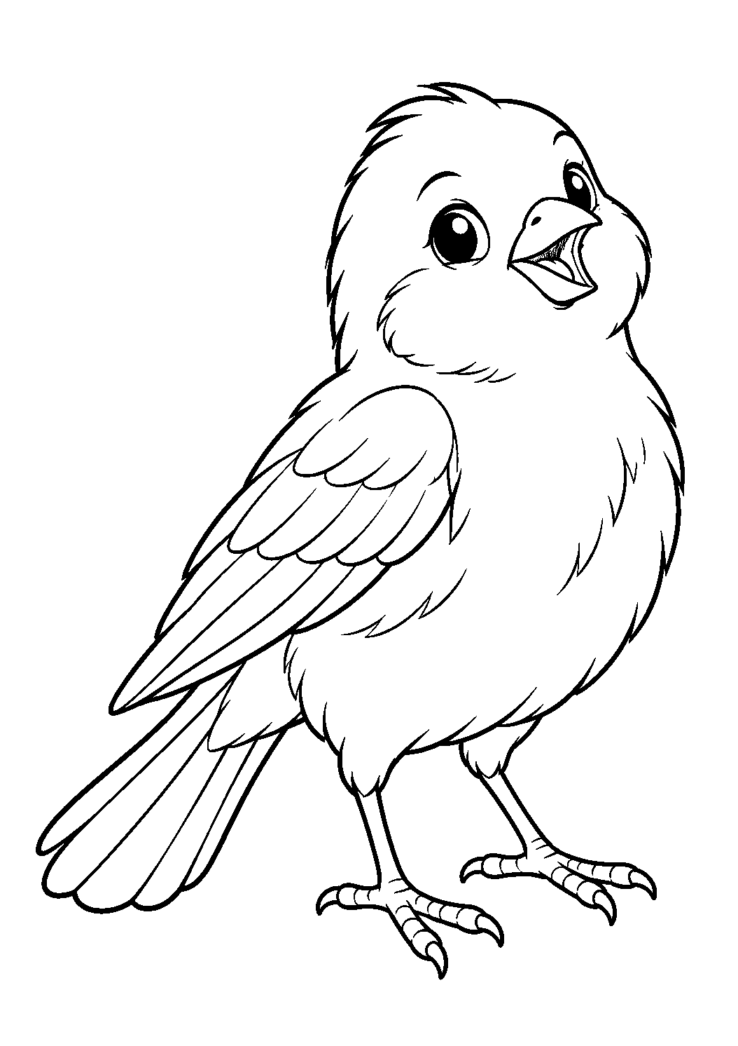 Kanarienvogel als einzelnes Tier zum Ausmalen, in verspielter Pose, mit schwarzen Konturen auf weißem Hintergrund.