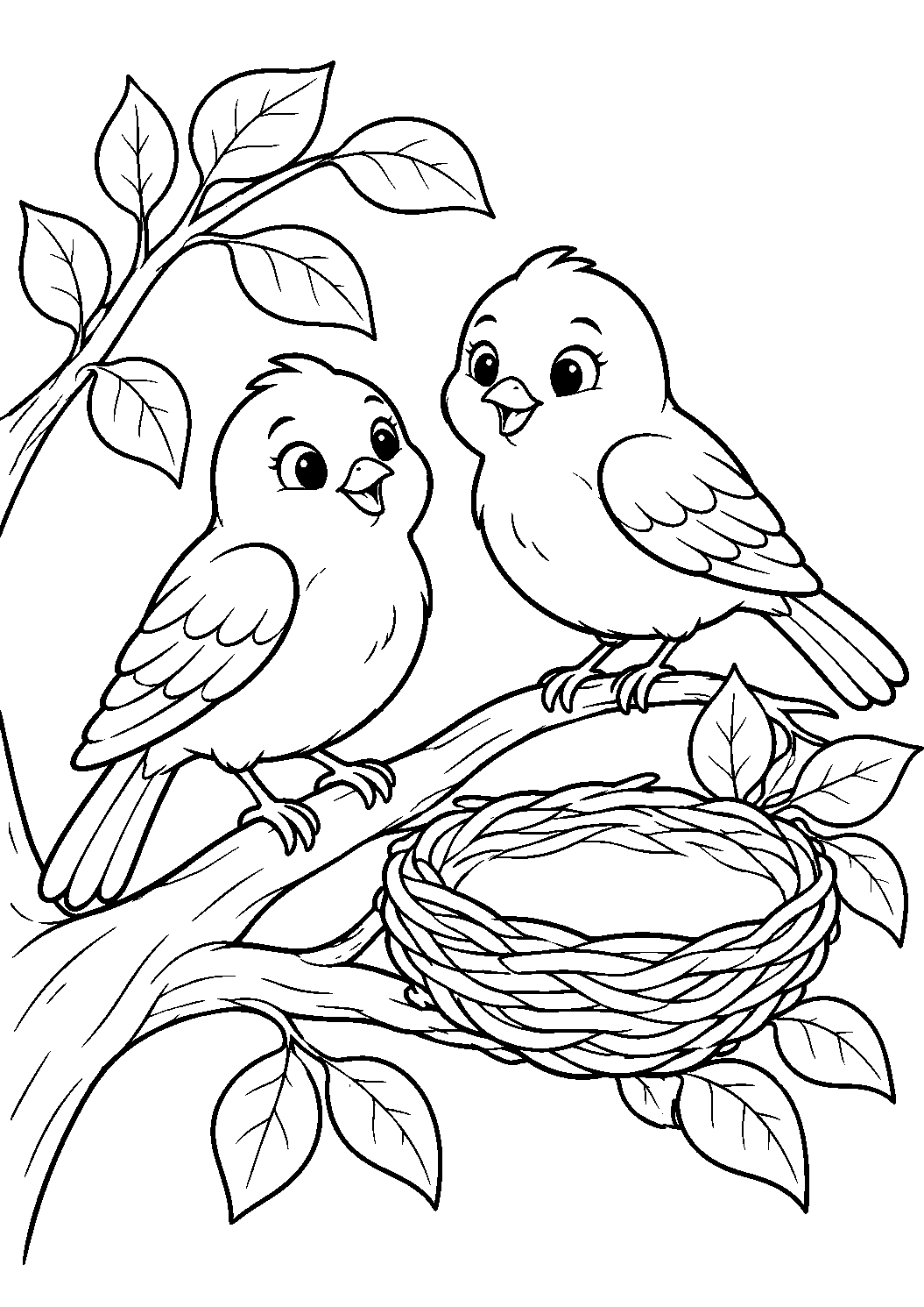 Kanarienvögel am Nest als freundliches Schwarz-Weiß-Ausmalbild mit klaren Konturen und weißem Hintergrund.
