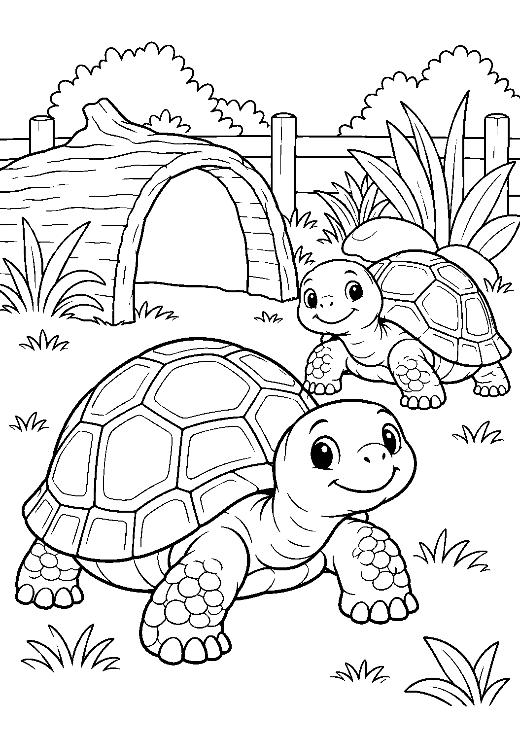Schildkröten im Außengehege als freundliches Schwarz-Weiß-Ausmalbild mit klaren Konturen und weißem Hintergrund.