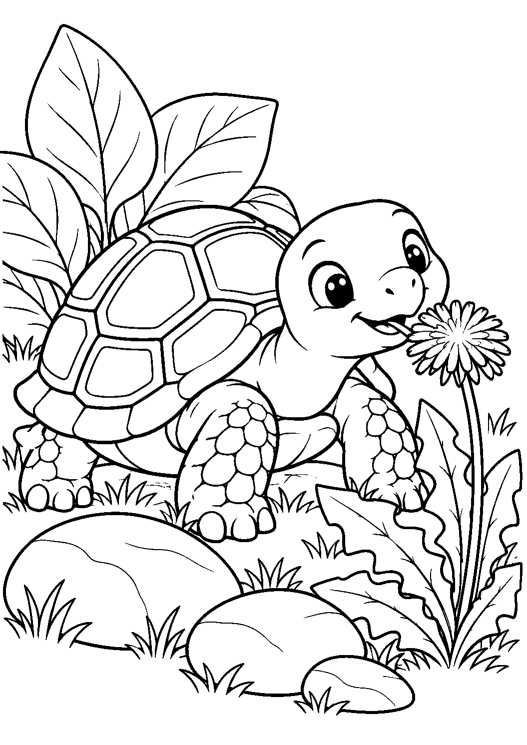 Schildkröte am Löwenzahn als freundliches Schwarz-Weiß-Ausmalbild mit klaren Konturen und weißem Hintergrund.