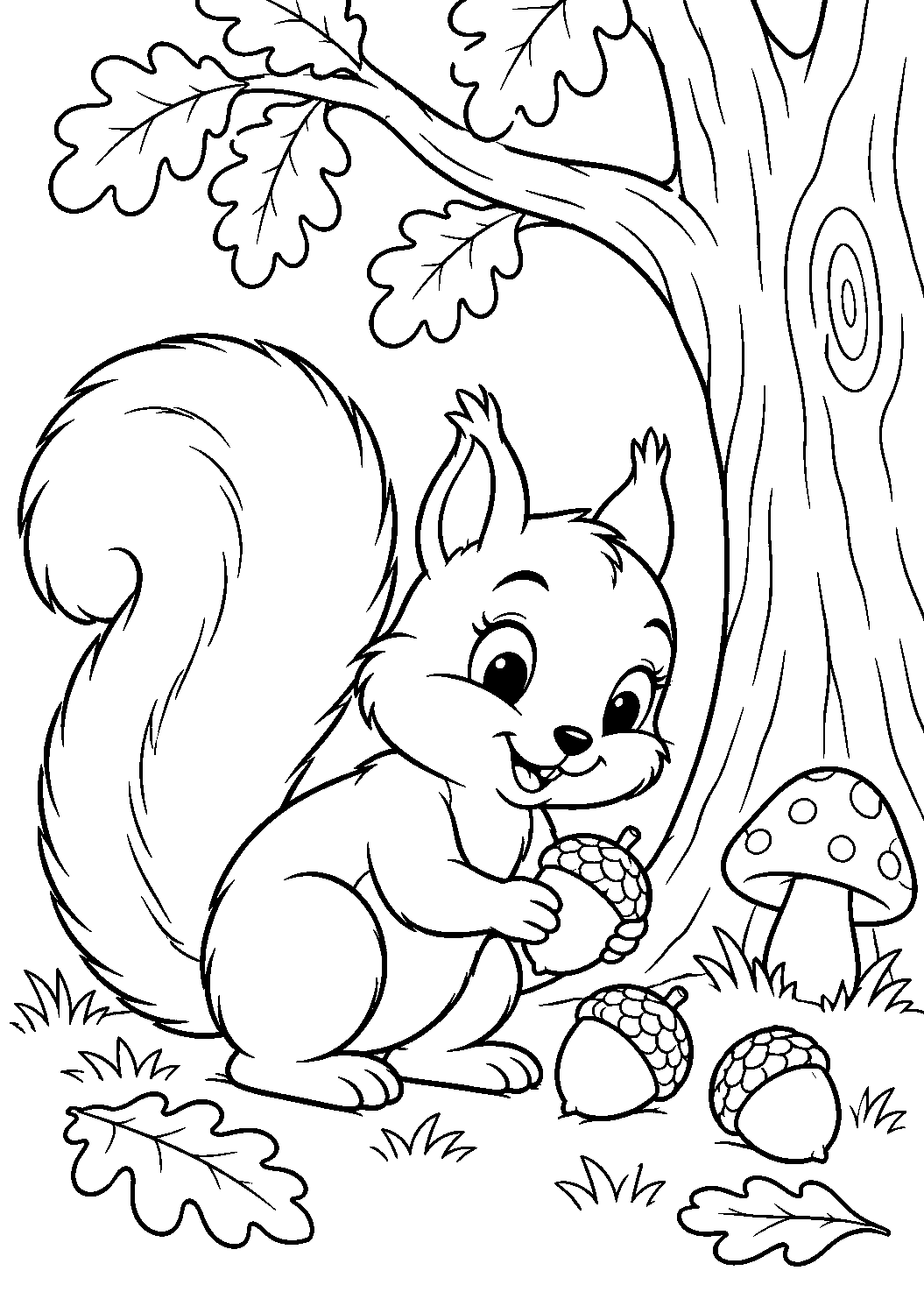 Eichhörnchen sammelt Eicheln als freundliches Schwarz-Weiß-Ausmalbild mit klaren Konturen und weißem Hintergrund.