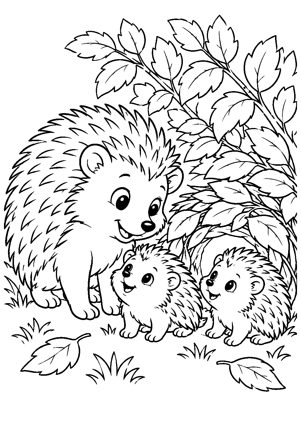 Igelfamilie am Laubnest als freundliches Schwarz-Weiß-Ausmalbild mit klaren Konturen und weißem Hintergrund.