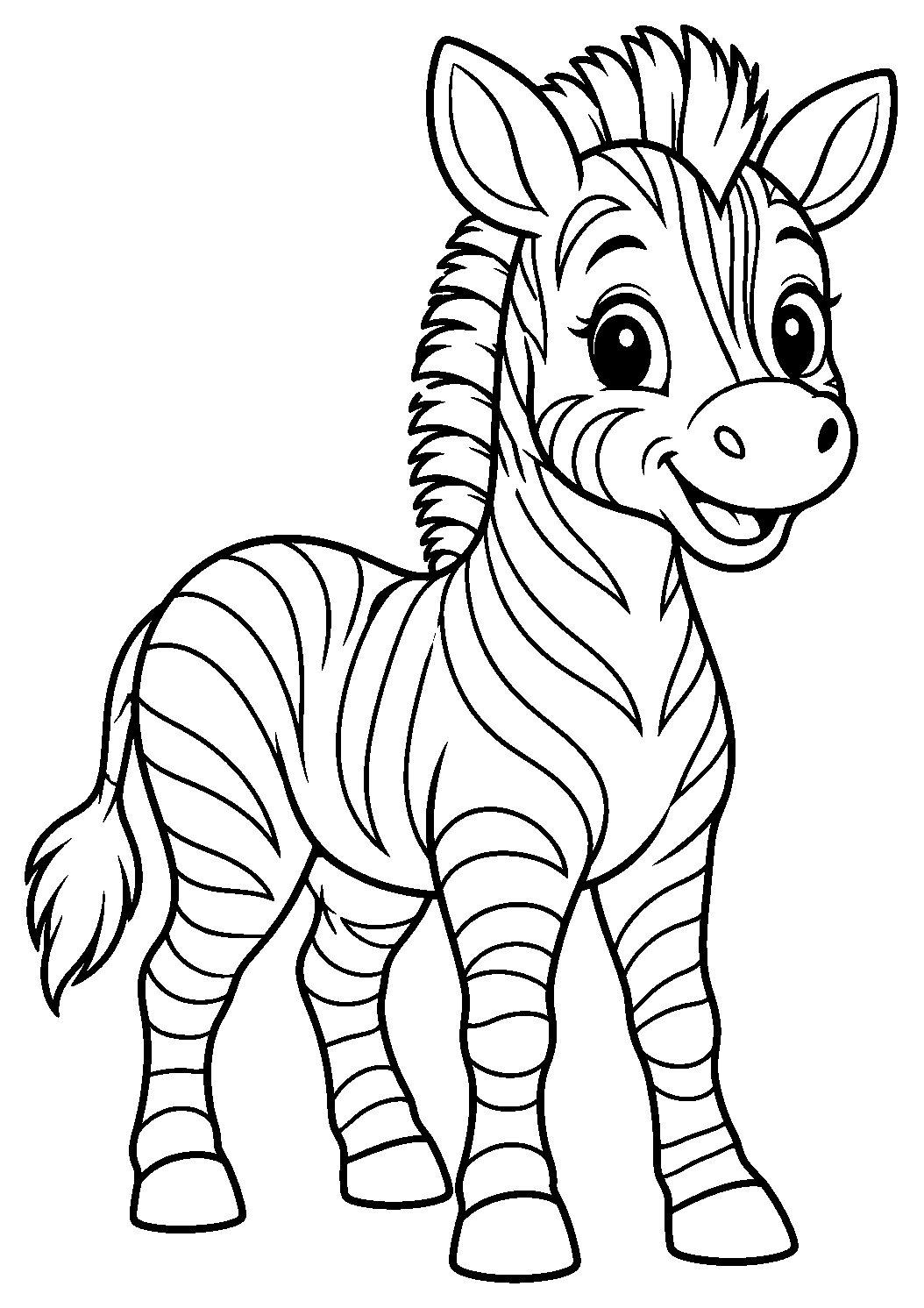 Zebra als einzelnes Tier zum Ausmalen, einfach und groß dargestellt, mit schwarzen Konturen auf weißem Hintergrund.