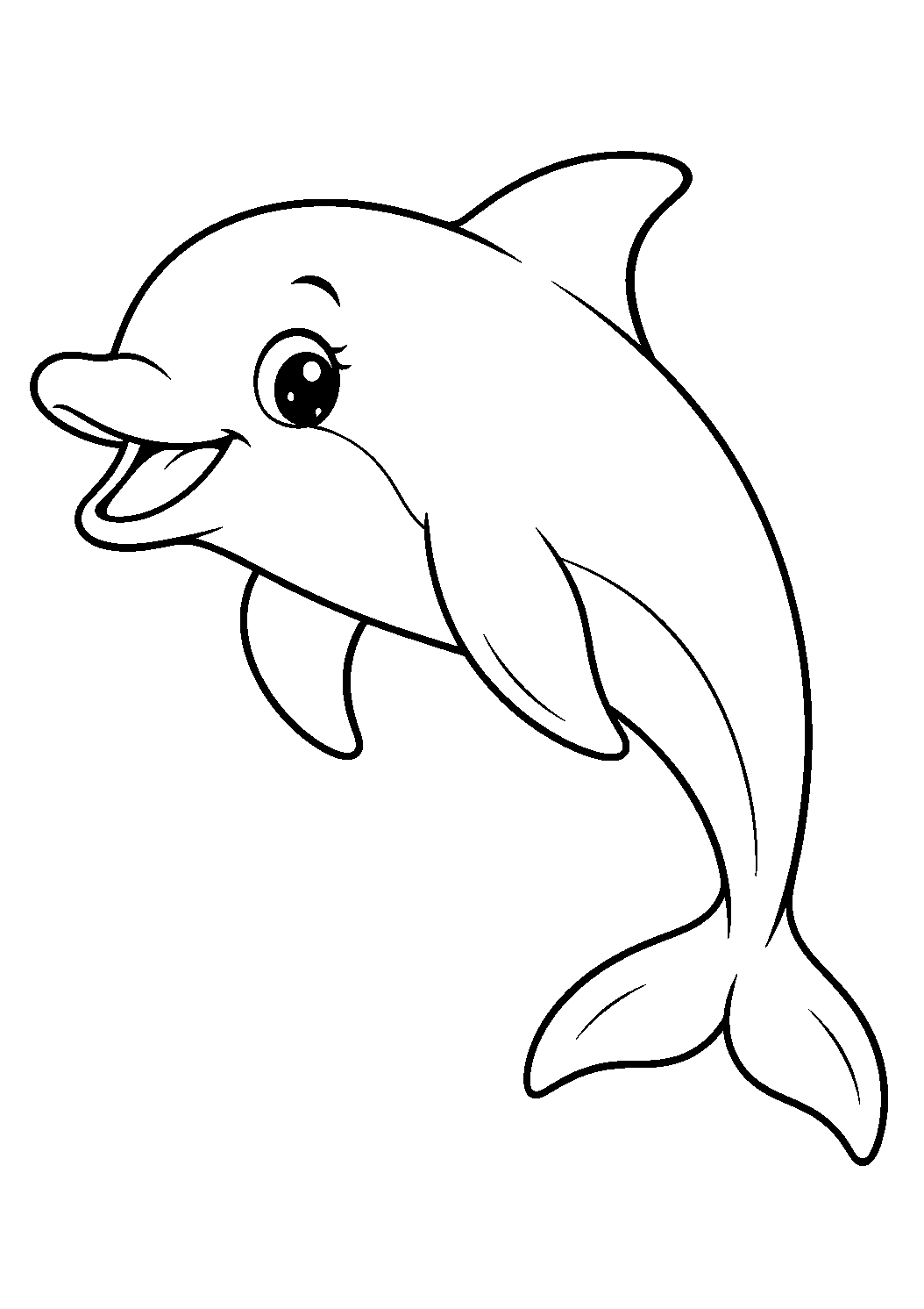 Delfin als einzelnes Tier zum Ausmalen, einfach und groß dargestellt, mit schwarzen Konturen auf weißem Hintergrund.