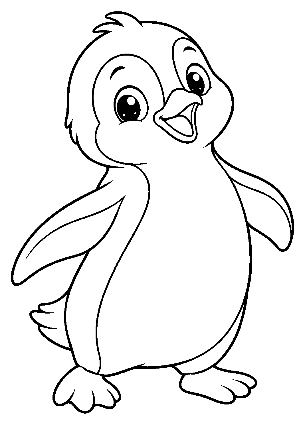 Pinguin als einzelnes Tier zum Ausmalen, in verspielter Pose, mit schwarzen Konturen auf weißem Hintergrund.