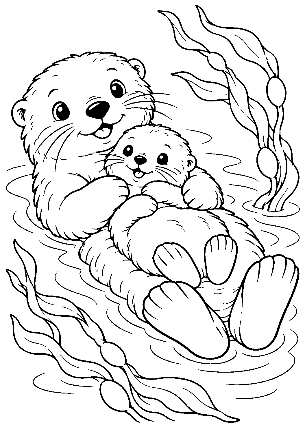 Seeotter mit Jungtier als freundliches Schwarz-Weiß-Ausmalbild mit klaren Konturen und weißem Hintergrund.