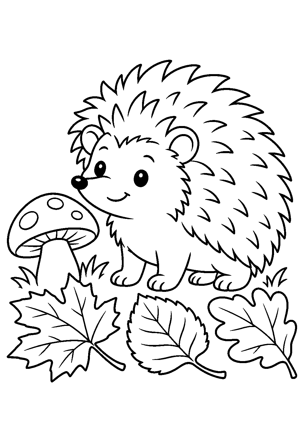 Igel im Herbst als Ausmalbild mit schwarzen Konturen, großen weißen Flächen und reinweißem Hintergrund.