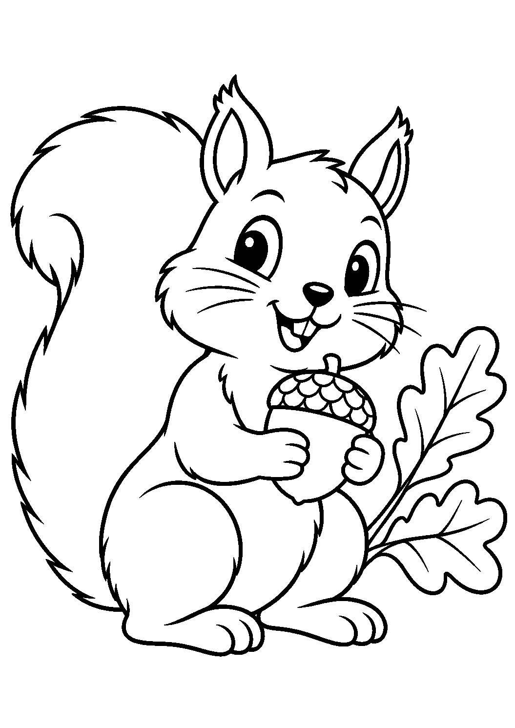 Eichhörnchen mit Eichel als Ausmalbild mit schwarzen Konturen, großen weißen Flächen und reinweißem Hintergrund.