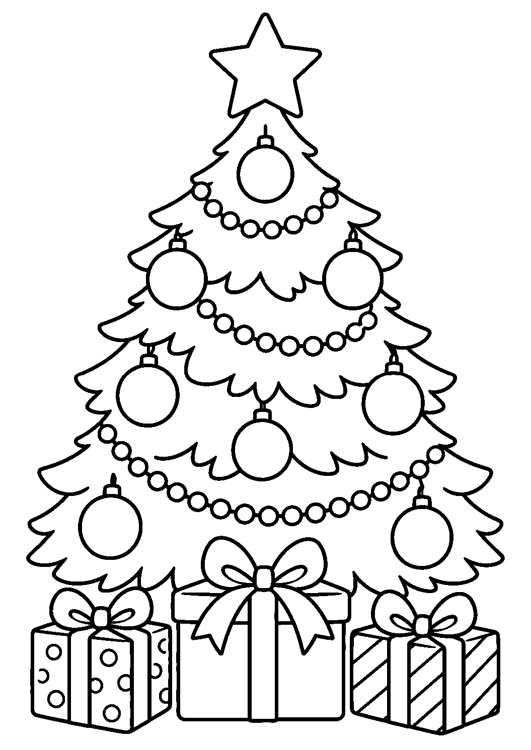 Weihnachtsbaum mit Geschenken als Ausmalbild mit schwarzen Konturen, großen weißen Flächen und reinweißem Hintergrund.