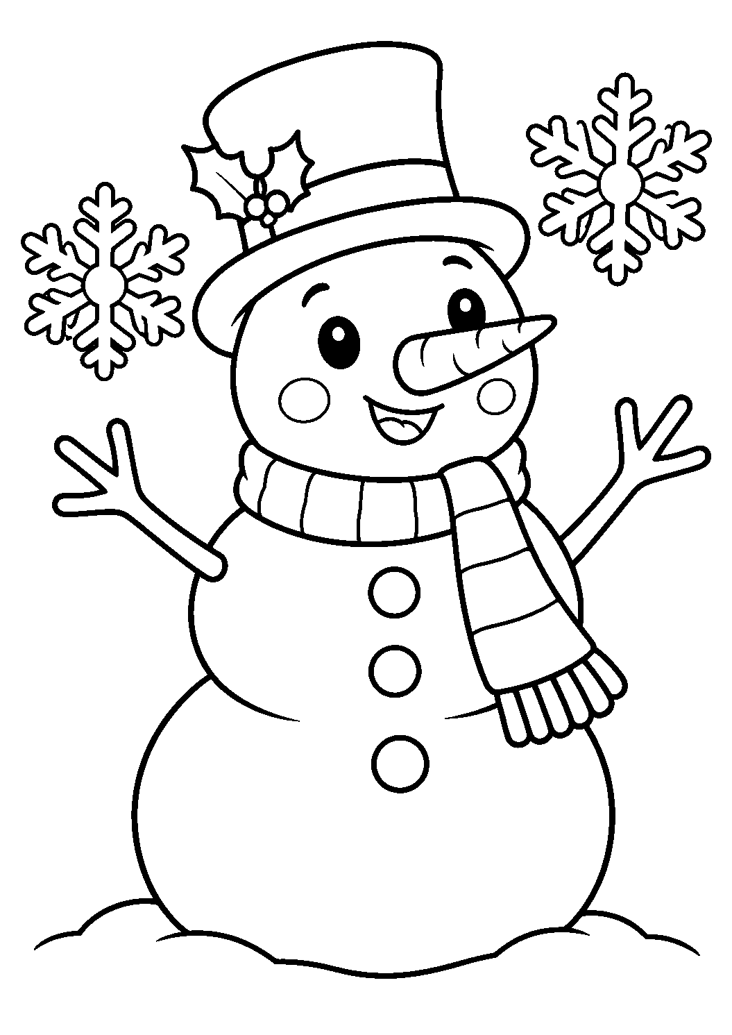 Schneemann mit Schal als Ausmalbild mit schwarzen Konturen, großen weißen Flächen und reinweißem Hintergrund.