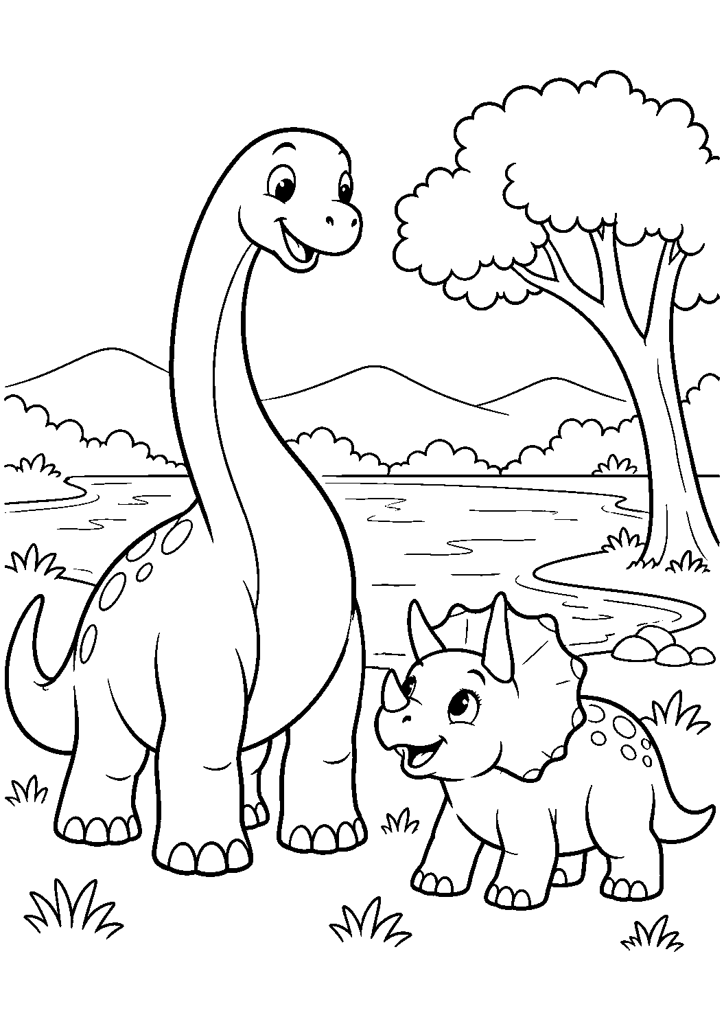 Dinosaurier am See als Ausmalbild mit schwarzen Konturen, großen weißen Flächen und reinweißem Hintergrund.