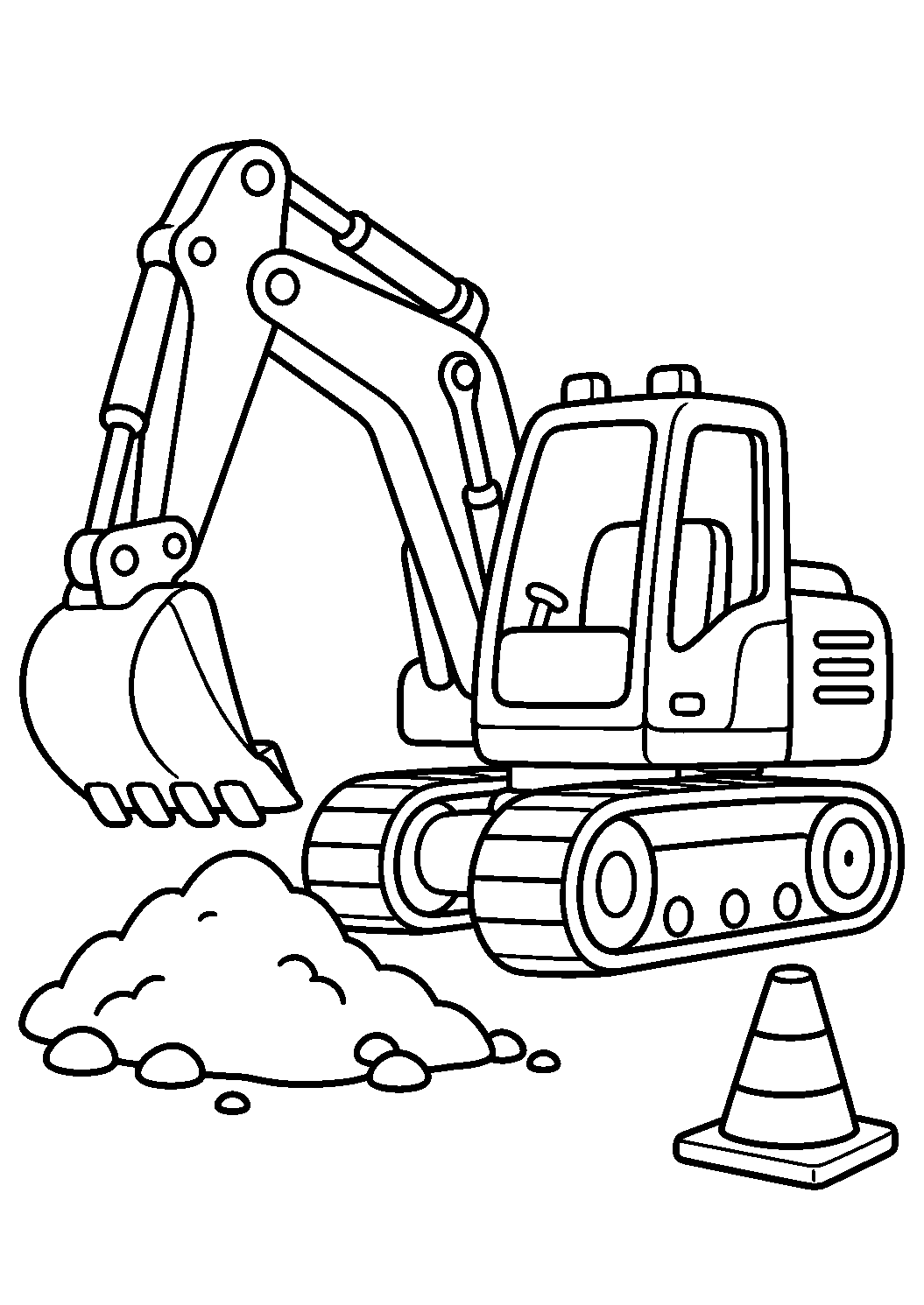 Bagger auf der Baustelle als Ausmalbild mit schwarzen Konturen, großen weißen Flächen und reinweißem Hintergrund.