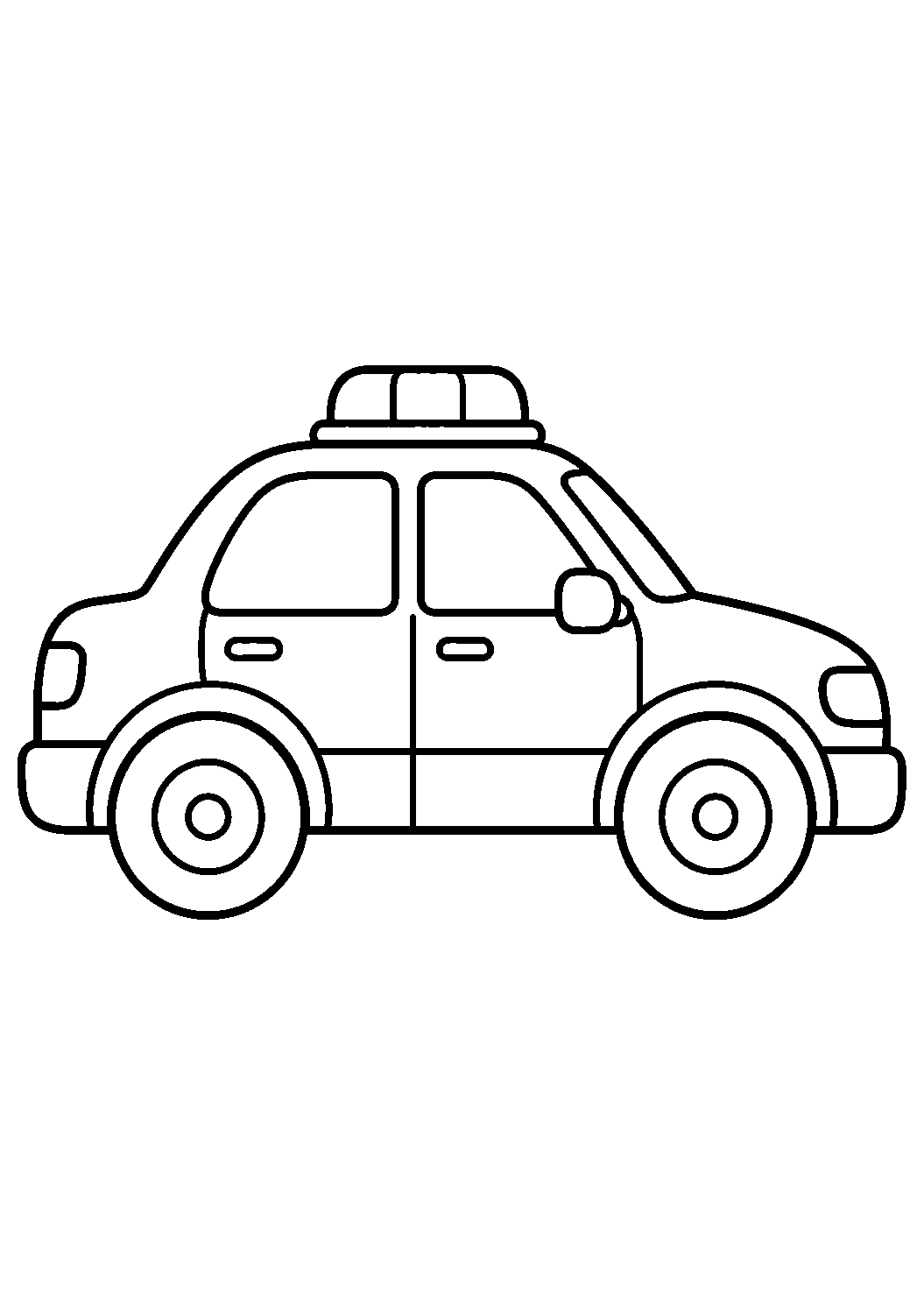 Polizeiauto – einfach als Ausmalbild mit schwarzen Konturen, großen weißen Flächen und reinweißem Hintergrund.